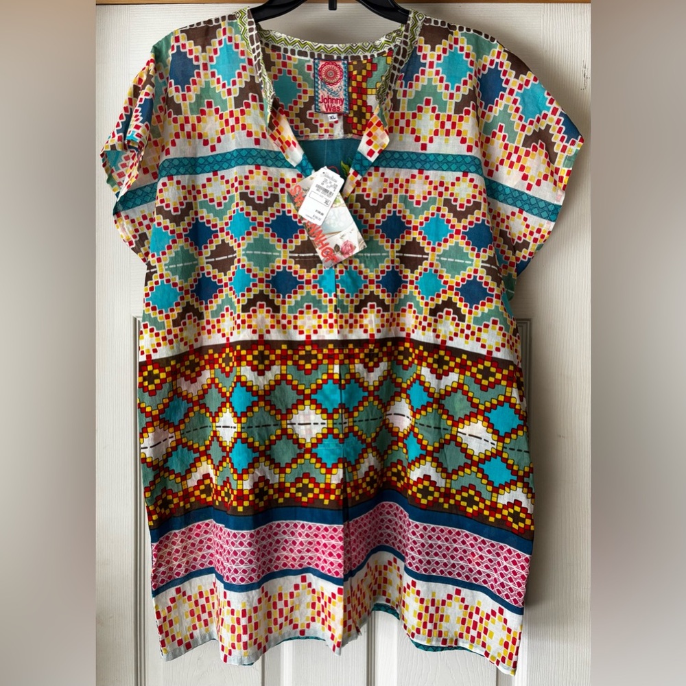 Johnny Was Turquoise Multicolor Geometric Short-Sleeve Tunic